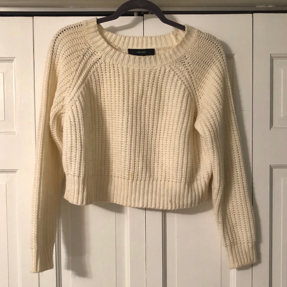 Cream Cropped Knit Sweater